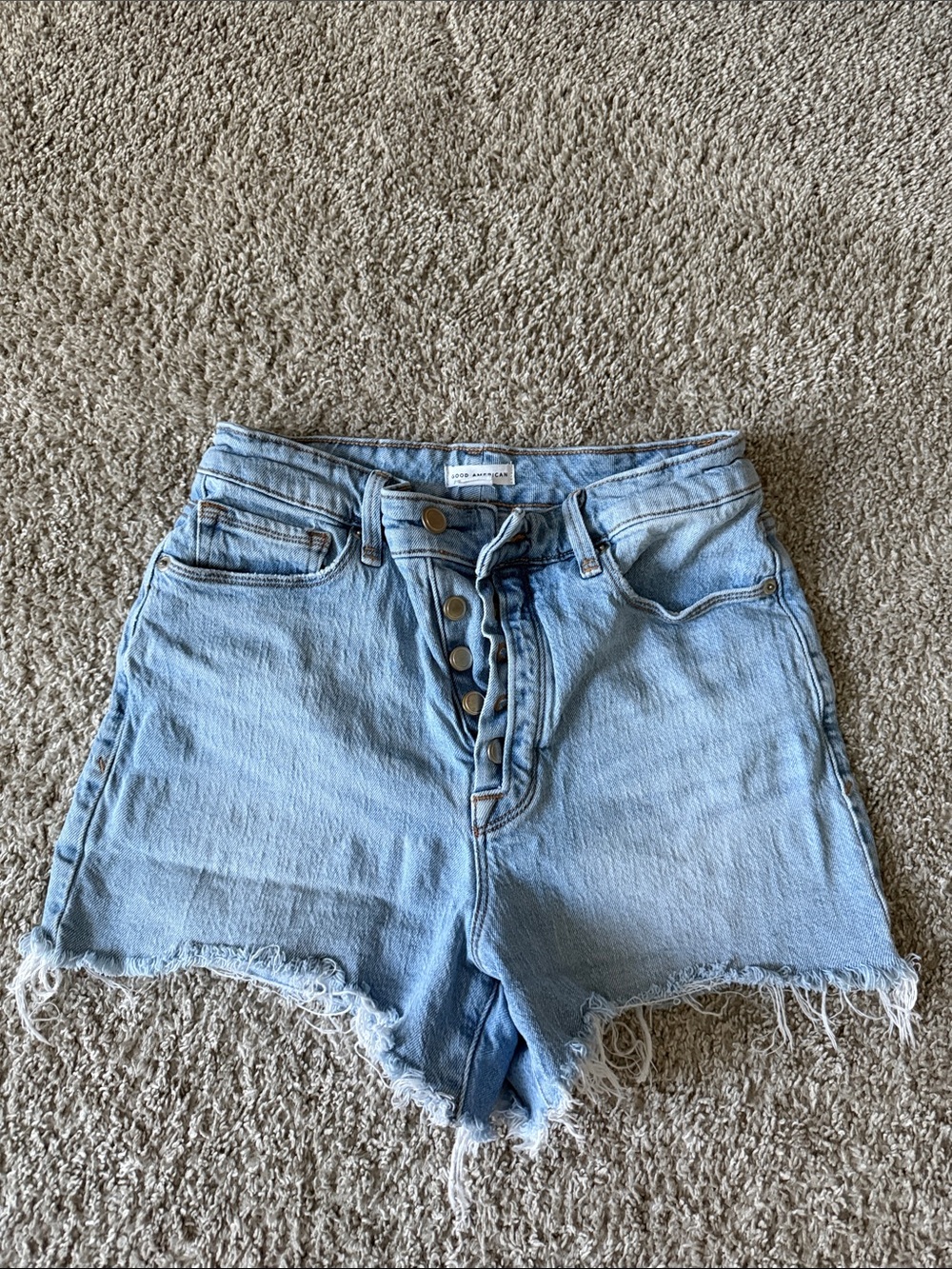 Good American Light Blue High-Rise Button-Fly Denim Shorts
